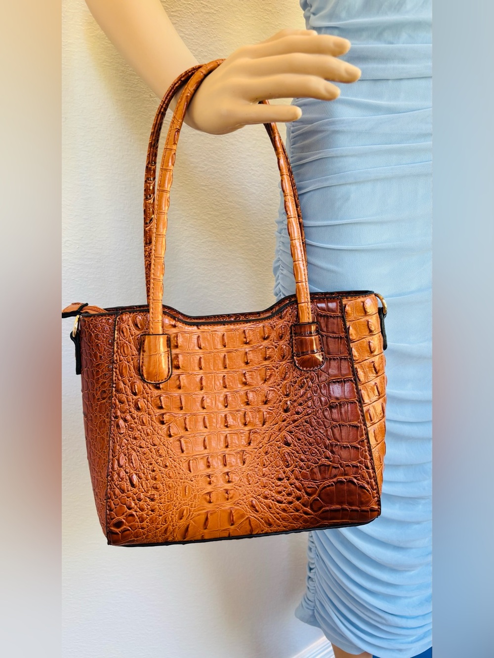 Croc-Embossed Shoulder Tote in Cognac Brown with Gold Accents and strap - Picture 4 of 15